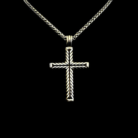 Medium Sized Detailed Cross Necklace (Wheat Chain)